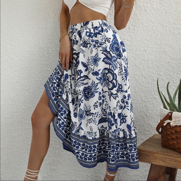 Boho Floral Print High Waist Maxi Skirt White Blue Cottagecore - Picture 5 of 6